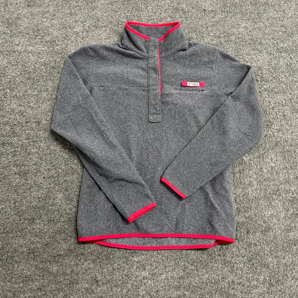 Columbia Fleece Pullover Womens Size L Gray Pink Snap Neck Casual Outdoor 77152